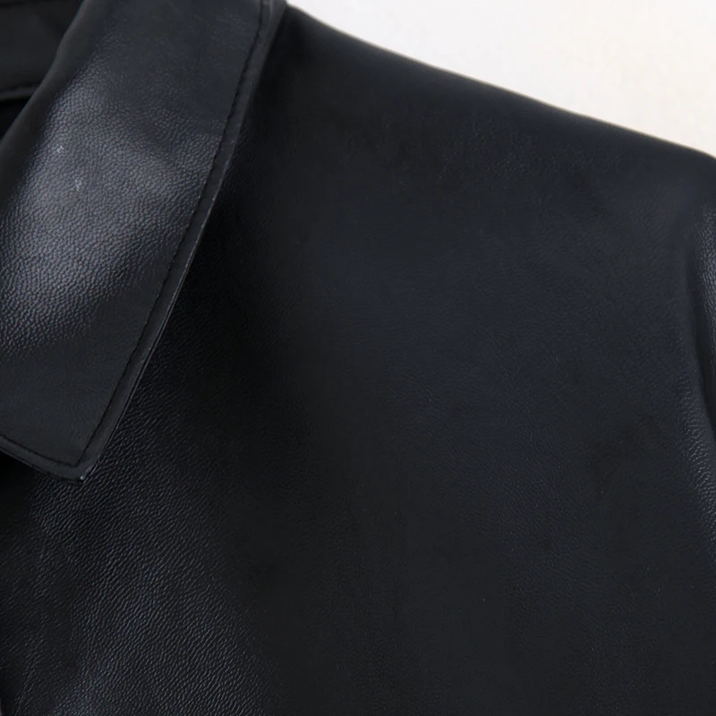 AGong Черные Блузки из искусственной кожи женские модные рубашки из искусственной кожи женские элегантные топы с карманами женские