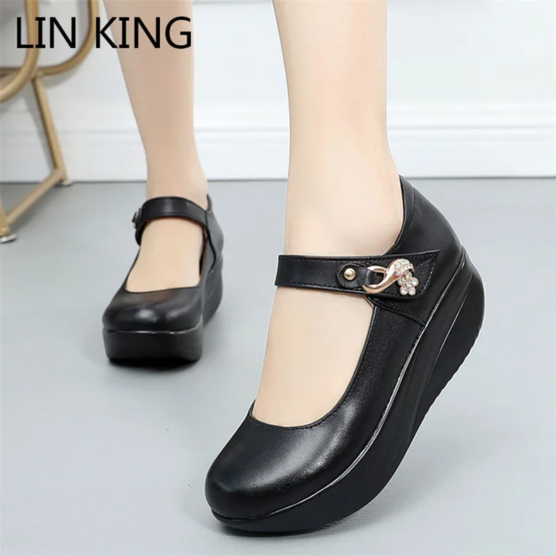 LIN KING/модные женские ботинки Классические черные туфли-лодочки на толстой