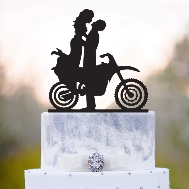 Motorcycle Couple Wedding Cake Topper with love heart
