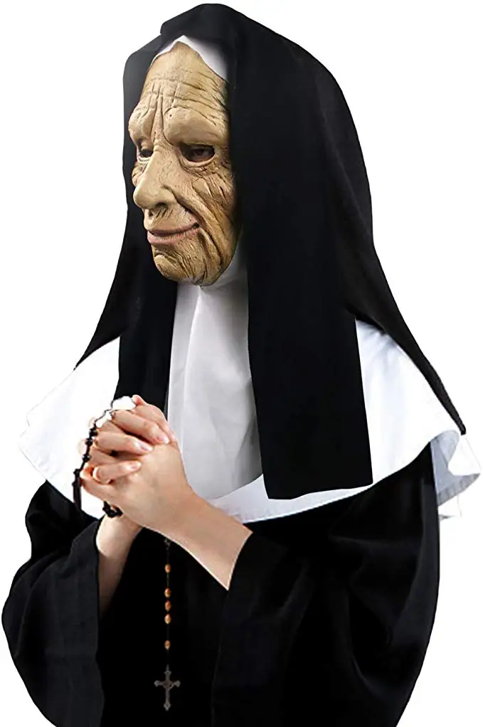 Molezu The Nun Mask with Veil Halloween Latex Costume Props Old Woman Face Mask with Headscarf