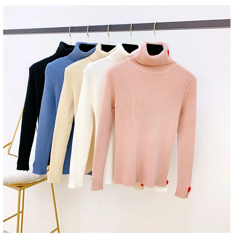 Красный любовь вышитый корейский женский свитер тонкий вязаный Blusas Осень зима свитер с воротником-хомутом джемпер Pull Girl Lady Теплый