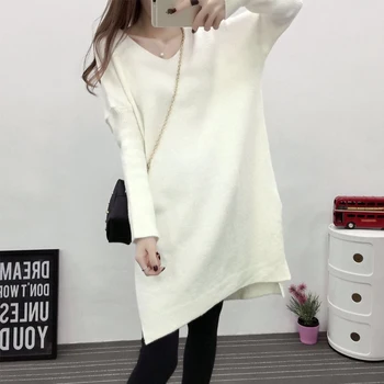 

2020 Autumn Winter Korean Style Women Sweater And Pullover Feamle V-neck Split Basic Soft Jumper Mid-length Knitwear
