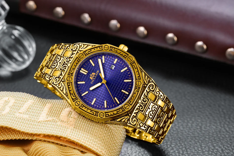 Lusso antico intagliato vintage luminoso oro rosa oro giallo argento 2 toni blu quarzo classico da uomo_voghion.com