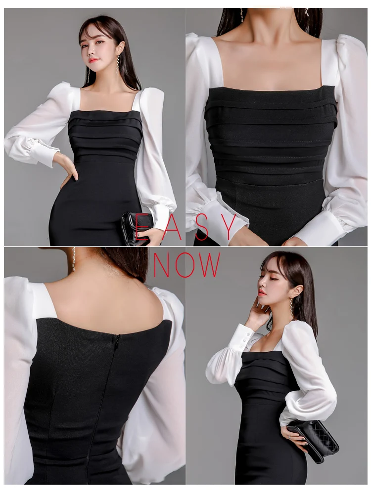 Autumn Women Formal Party Dress Women Elegant Black White Square-neck Long Sleeve Bodycon Club Dress Winter Spring