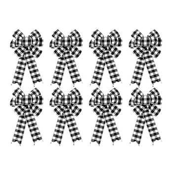

8 Pcs Buffalo Plaid Bow Halloween Thanksgiving Christmas Wreath Bow 10 Inch Black and White Fall Bow