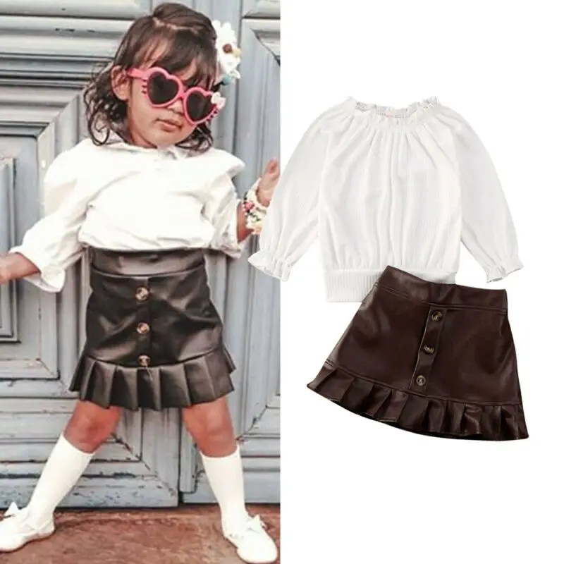 

2PCS Baby girls set Toddler kids long sleeve white Knitted Tops Sweater brown button skirt Leather Ruffle Skirt Outfits