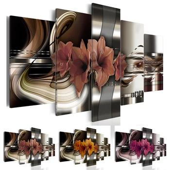 

5 Panels Metal Flowers Painting Purple Flower Oil Pictures Living Room Decoration Paintings Canvas Wall Art(No Frame)