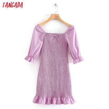 

Tangada fashion women purple pleated mini dress backless puff short sleeve ladies party pencil dress vestidos 2XN10