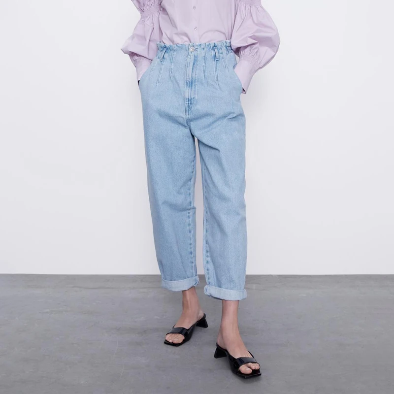 

2020 New Classic Jeans for Women Ruffled High Waist Straight Pants Fashion Loose Blue Female Denim Trousers Elastic Waist Jean