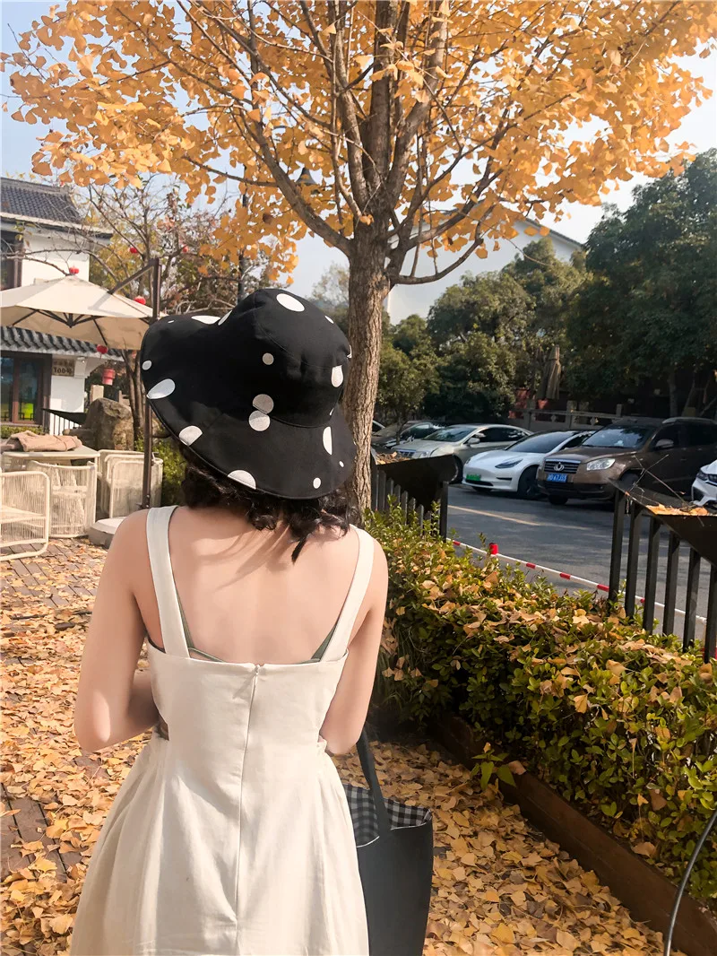 Sun Hat Women Summer Foldable Bucket Hat Harajuku Large Brim Dot Printed Beach Sun Hat Japanese Style Yellow Black Khaki Beige   (23)