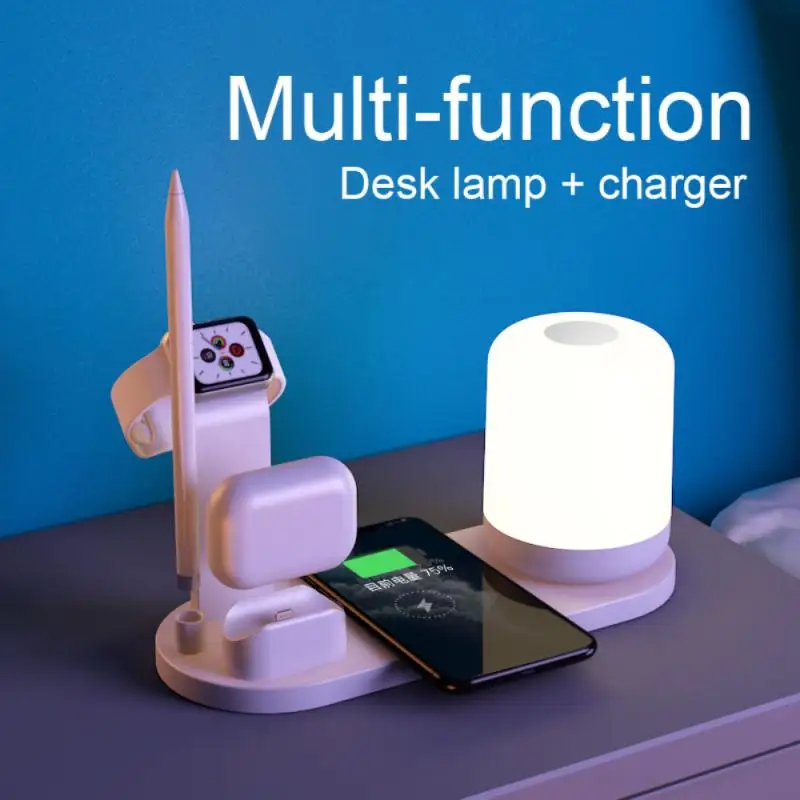 10W Mobile Phone Wireless Charger 6 in 1 Wireless Charging Station For Apple Watch iPhone Airpods Charging Dock With Light Lamp