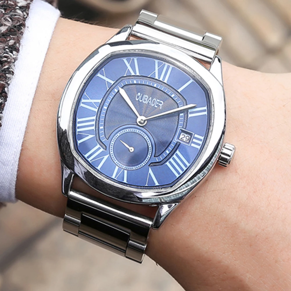 цена OUBAOER Men Watch Quartz Watches Male Roman Numerals Nylon Bule Business Wristwatches Casual Fashion 2023 Gift for Boyfriend