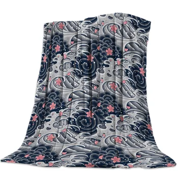 

Japanese Style Sea Wave Cherry Blossom Texture Printed Flannel Blanket Soft Throw Blanket Machine Washable Blankets for Beds