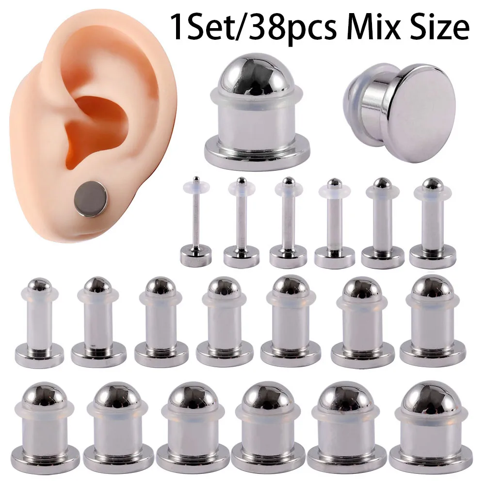 1Set/38pcs Mirror Surface Cylinder Plugs Ear Gauges Expander Ear Tunnels Earring Double Flared Wholesale Ear Piercing Jewelry