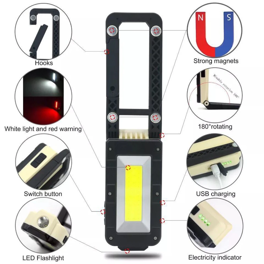 Многофункциональный COB рабочий светильник USB Перезаряжаемый светодиодный светильник-вспышка Регулируемый на 180 градусов портативный нижний магнит дизайнерский походный светильник