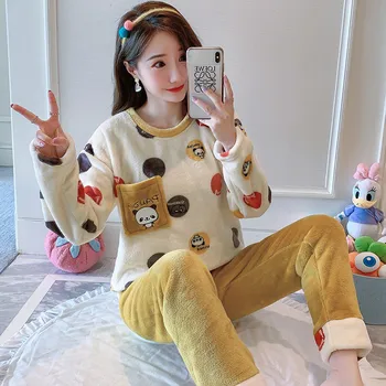 

New Winter Flannel warm pajamas korean kawaii cartoon Pajama Set Fashion pijama mujer Leisure Home Cloth pyjamas women Sleepwear