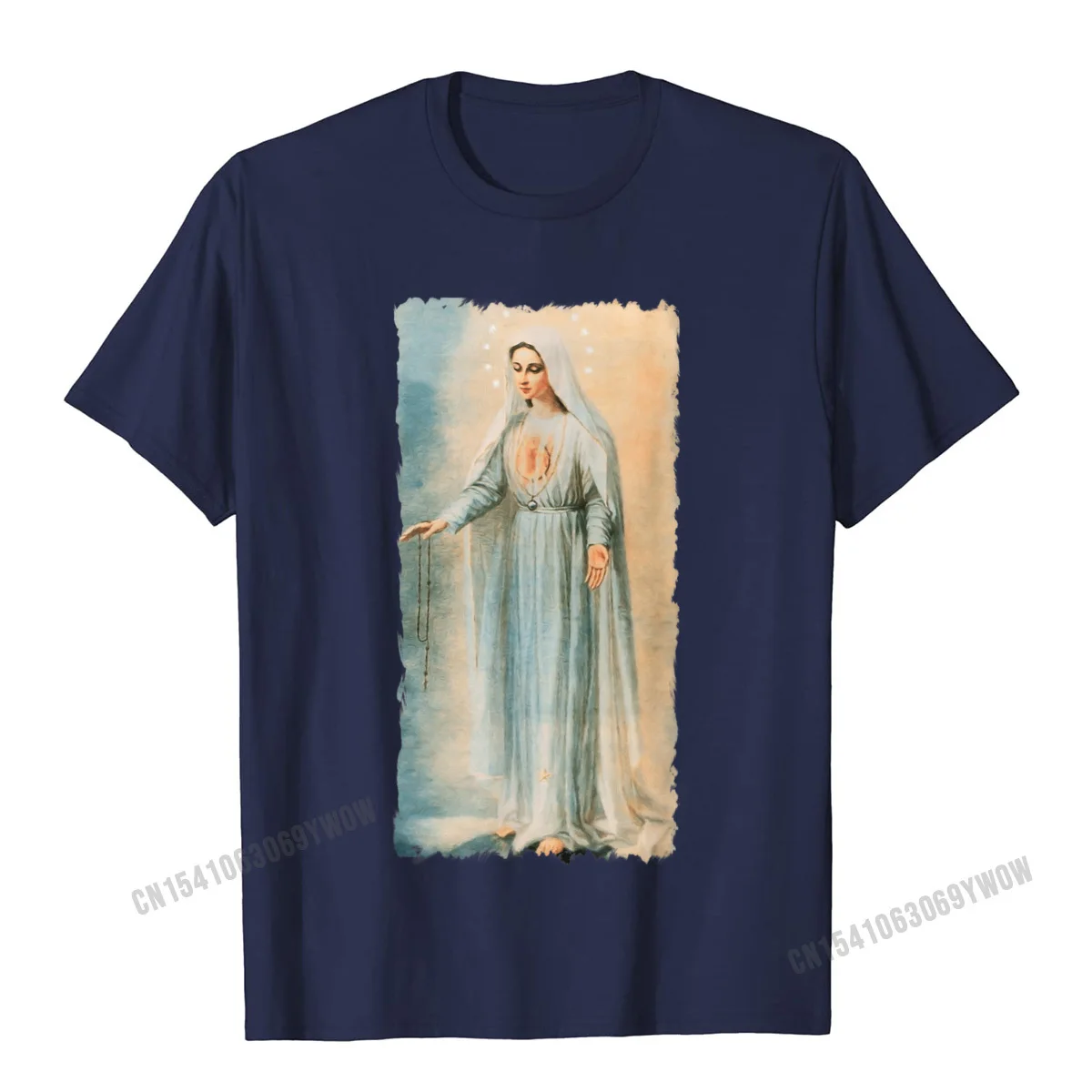 Cool Top T-shirts Casual Short Sleeve Hip Hop O-Neck 100% Cotton Tops & Tees Normal Top T-shirts for Men NEW YEAR DAY Our Lady of Fatima Virgin Mary Catholic Painting T-Shirt__601 navy