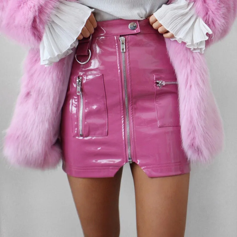 Cryptographic PU Leather Sexy High Waist Skirt Zipper Fake Pockets Streetwear Fall Winter Split Pink Mini Skirts Bodycon Short