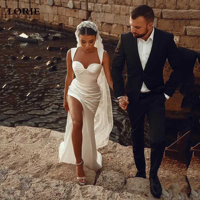 

LORIE Beach Sweetheart Mermaid Wedding Dresses Pleats Boho Bridal Gowns Side Split Satin Dubai Wedding Party Dress