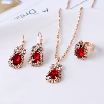 

Europe and America Cool Water Droplet Man-made Diamond Necklace Earrings and Ring Set Shiny Top Grade Bride Ornament Three-piece