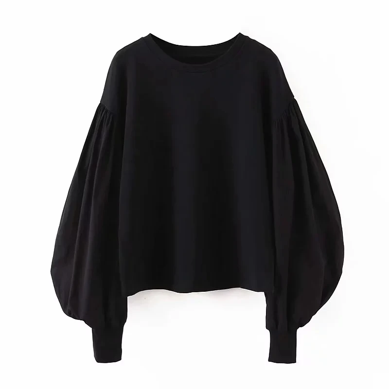 ZA autumn winter women stitching puff sleeve fashion black loose sweatshirt Casual chic lady pullover female pull woman clothes - Цвет: black