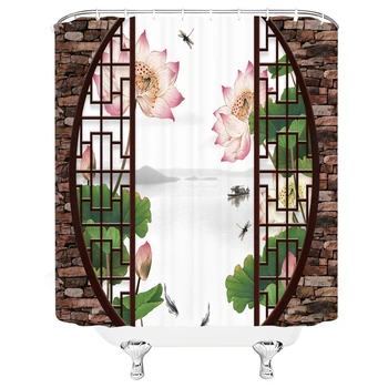 

Chinese Festive Garden Architecture House Lantern Shower Curtain Safe Bathroom Series Bathroom Decoration Hook Shower Curtain