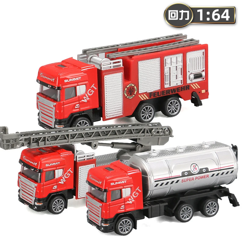 1:64 Simulation Fire Rescue Truck Pull Back Kids Car Model Toys Alloy Diecast Spray Water Vehicle Toy Gift for Boy Children S022