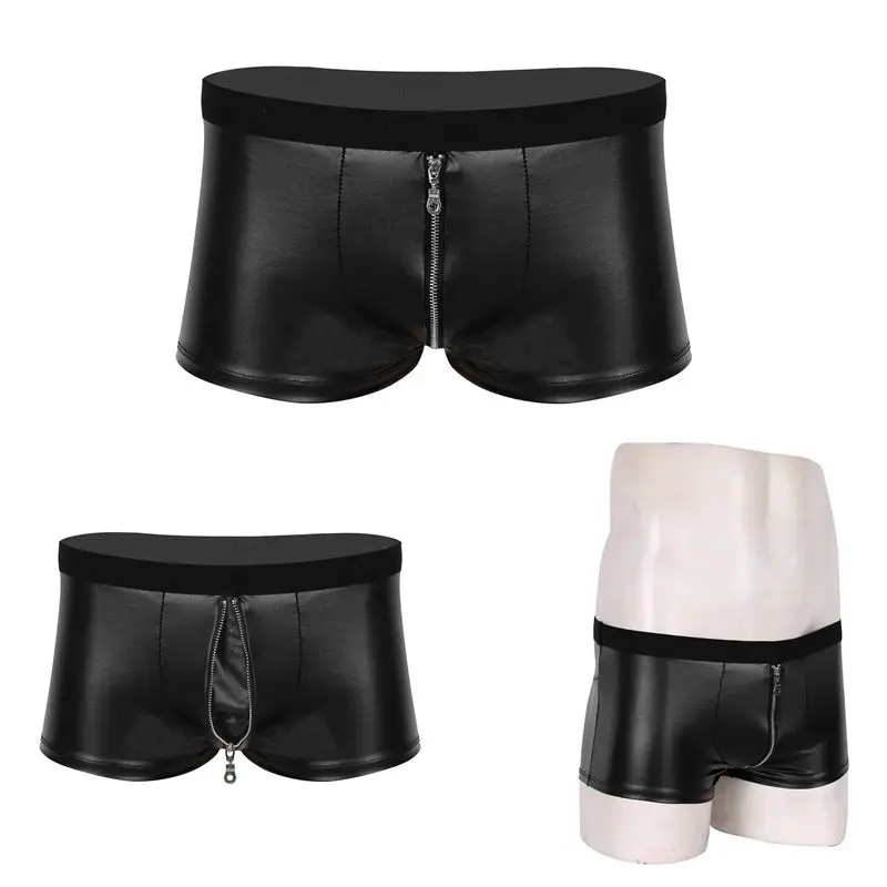 Wet Look Leather Panties Mens Zipper Open Crotch Pants Sissy Men Boxer Shorts Bulge Pouch Low Rise Briefs Erotic Gay Underwear