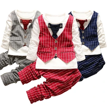 

Baby boy clothes cotton lattice printing two-piece children's clothing gentleman suit tie vest baby clothes baby boy casual suit