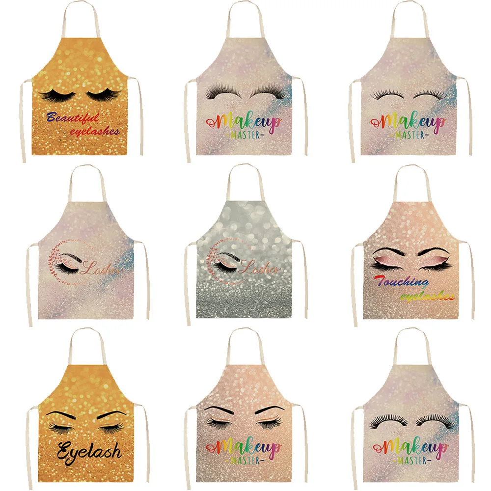 

High Quality Color eyelashes series Apron Fabric linen printed bodice overalls apron Home Cooking Baking Bibs Cleaning Tools