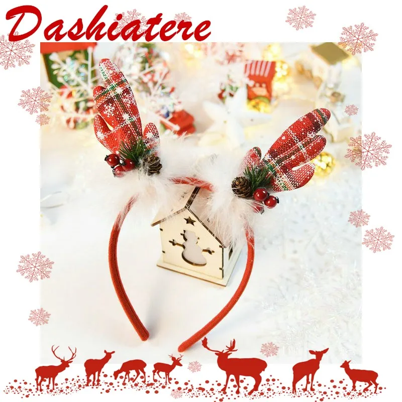 

Christmas Hair Band Girls Children Xmas Headband Berries Pine cone Tree White Feather Decoration Red Plaid Antler Headpiece