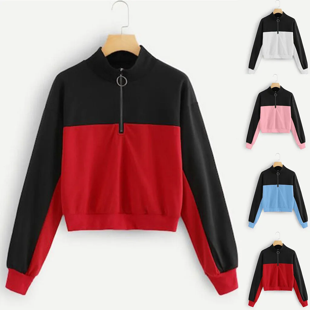 Jaycosin 2019 Fashion Autumn Women Simple Loose Colorblock Zipper Sweatshirt Stylish Long Sleeve Comfortable Casual Blouse 108#4