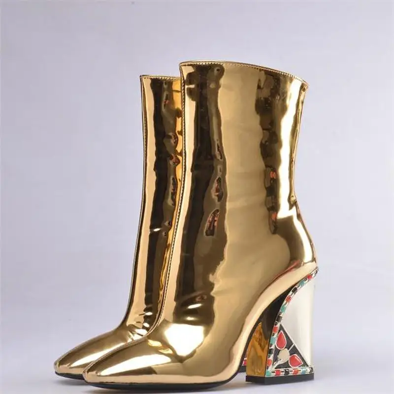

US4-11 Womens Pointed Toe Patent Leather Gold Glitter Ankle Boots Side Zipper Luxury Chunky High Heel Match Colors Shoes Plus Sz