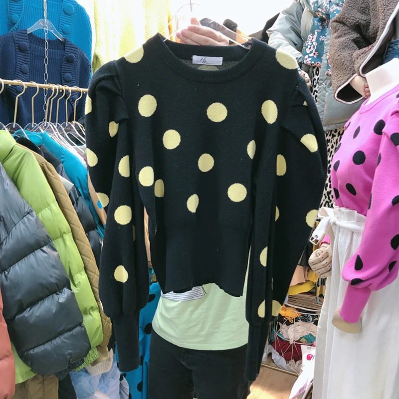 Корейский пуловер с пышными рукавами, трикотажная одежда, весна-осень, женский зимний топ в горошек, вязаный свитер с круглым вырезом, женский джемпер