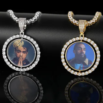 

Rotatable Custom Double Picture Pendant 4MM Tennis Link Chain Necklace Cubic Zirconial Individual Memory Gift for lovers friends