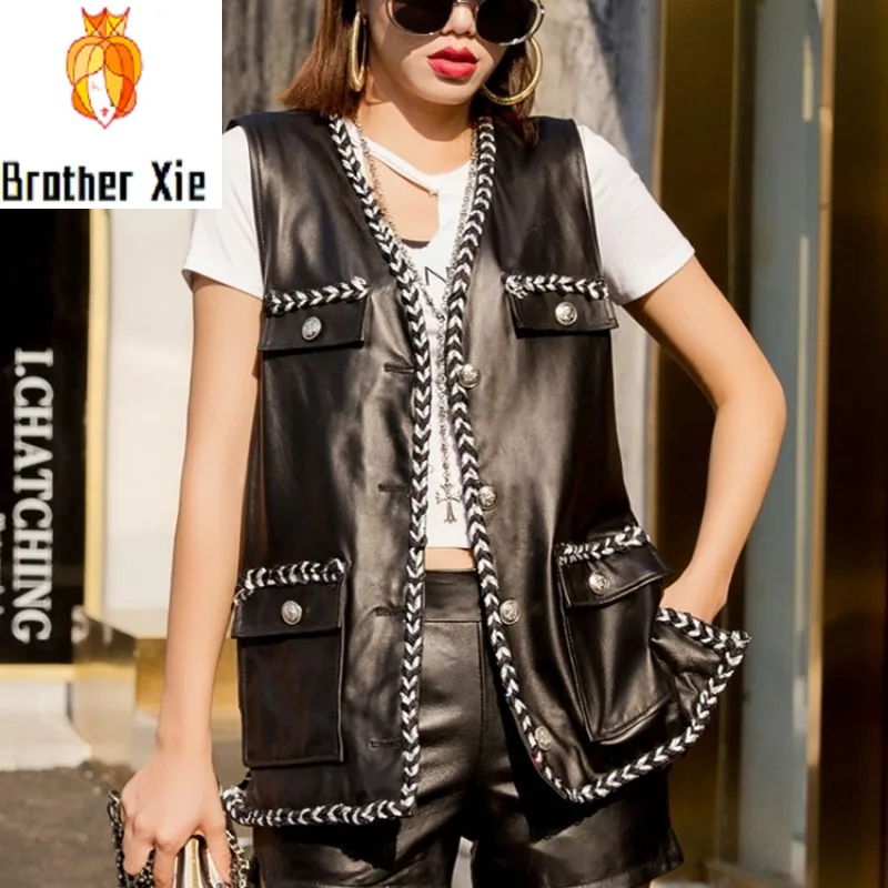 

Winter New Genuine Leather Vest Female Vintage Casual Work Office Sleeveless Jacket Street Designer V-Neck Sheepskin Waistcoat