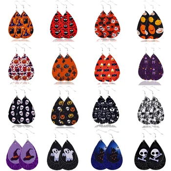 

New Arrival Halloween Pattern Teardrop Faux Leather Earrings for Women Skull Punk Long Lightweight Drop Dangle Earings Wholesale