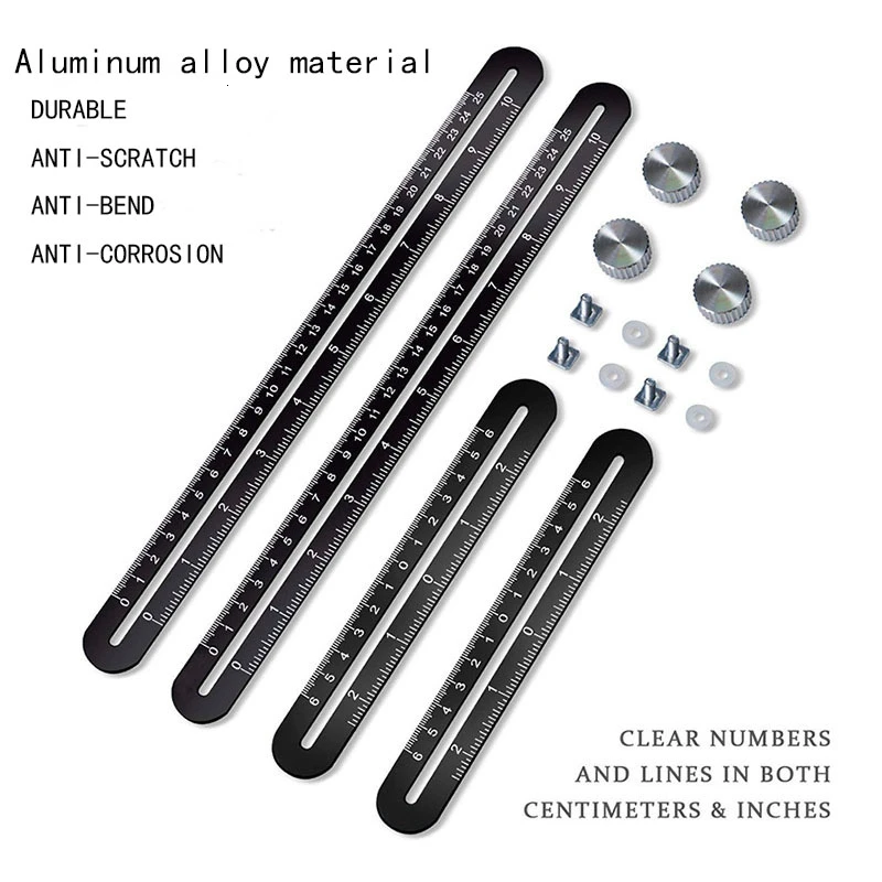 LAMEZIA 25cm Black Aluminum Alloy Four-Sided Measuring Ruler Template Instrument Angle Tool Slides Mechanism for Carpenter