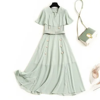 

2020 New Designer Fashion Summer Lady Dress Elegant Butterfly Sleeve V Neck Solid Aline Women Midi Chiffon Dress with belt