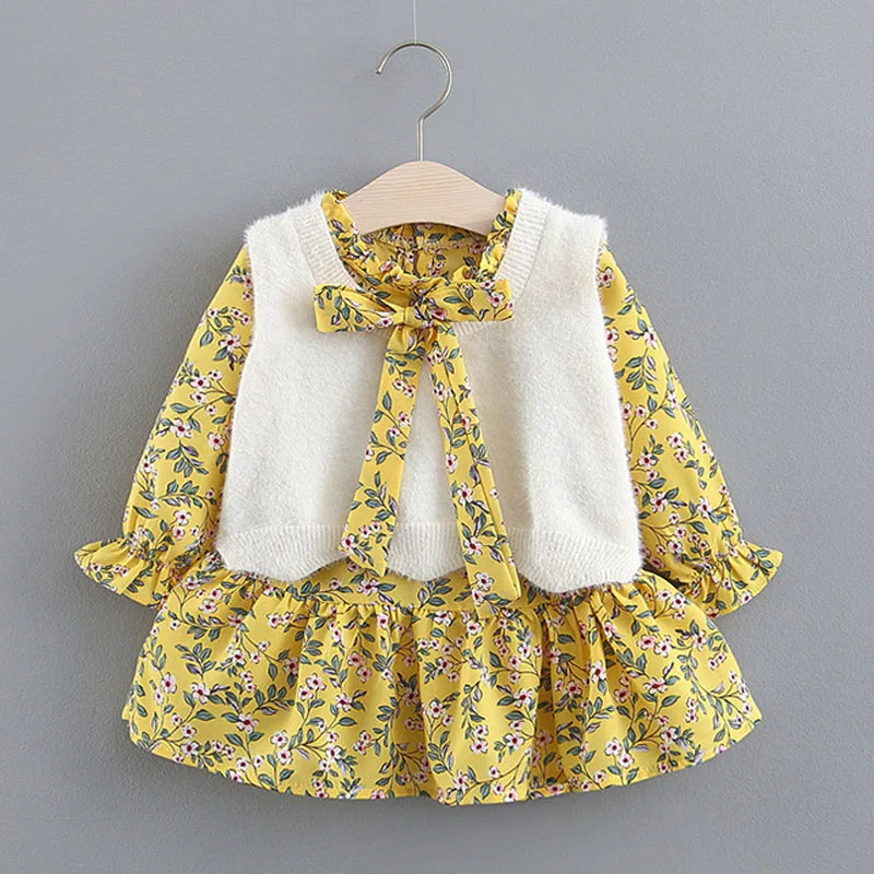 Осенне-зимнее платье для маленьких девочек с жилетом из искусственного меха милые От 1 до 3 лет с длинными рукавами из 2 предметов платье принцессы для девочек, одежда для свадебной вечеринки