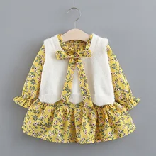 Осенне-зимнее платье для маленьких девочек с жилетом из искусственного меха милые От 1 до 3 лет с длинными рукавами из 2 предметов платье принцессы для девочек, одежда для свадебной вечеринки