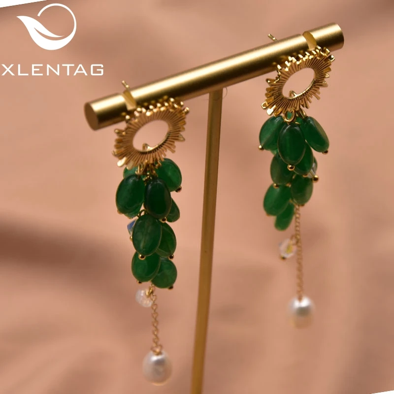 Серьги Xlentag из натурального пресноводного жемчуга с подвеской зеленого камня женские серьги стерлингового