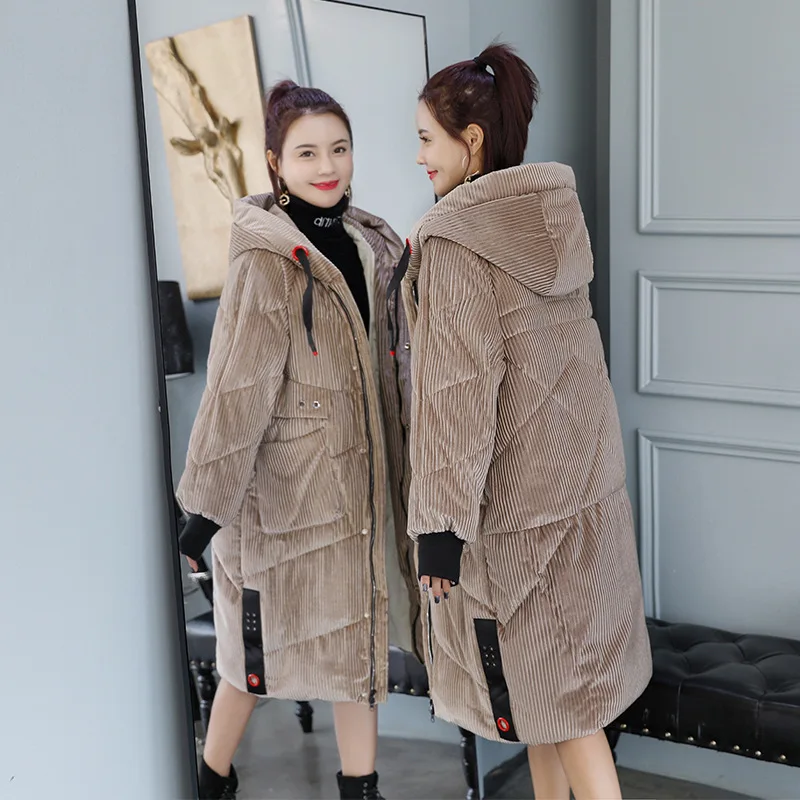 

2018 Winter Corduroy down Jacket Cotton-padded Clothes Women's Mid-length Cotton Overcoat Korean-style Thick Cotton-padded Jacke