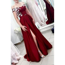 Бургундское платье для выпускного вечера длинное ТРАПЕЦИЕВИДНОЕ с открытыми плечами с высоким Боковым Разрезом с белой аппликацией Формальное вечернее платье CP349