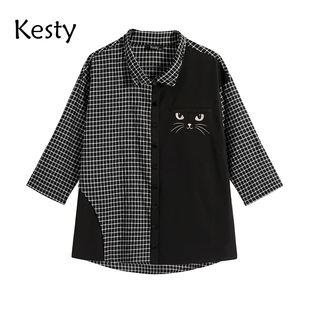 KESTY Women's Plus Size Spring Cotton Plaid Shirt Printed Cat Pattern Lapel 3/4 Sleeve Casual Top
