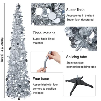 

1.5m Foldable Christmas Tree And Sequined Tinsel, Artificial Christmas Tree And Three-Dimensional Christmas Ornaments