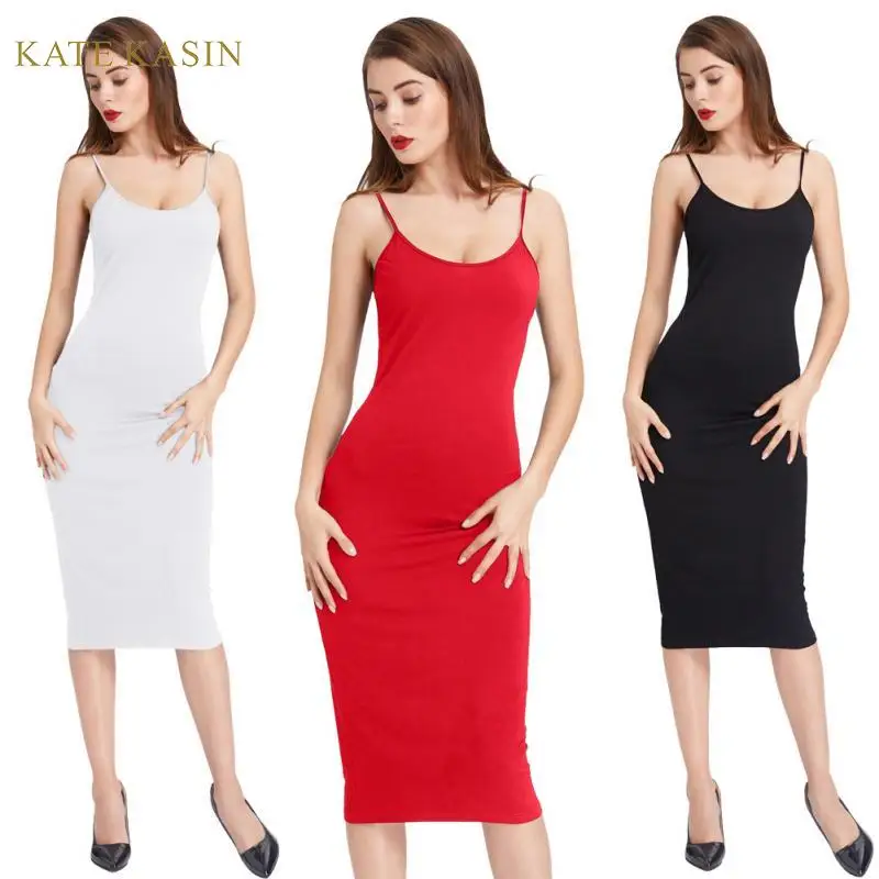 

Kate Kasin Women Comfy Spaghetti Straps Sleeveless Dress Summer Solid Color Sexy Bodycon Slip Dress Sheath Cami Sun Dress 2020