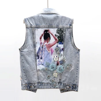 

Summer Short Denim Vest Women Sleeveless Jacket Coat Beading Sequins Flowers Denim Waistcoat Plus size Frayed Jeans Vest Female