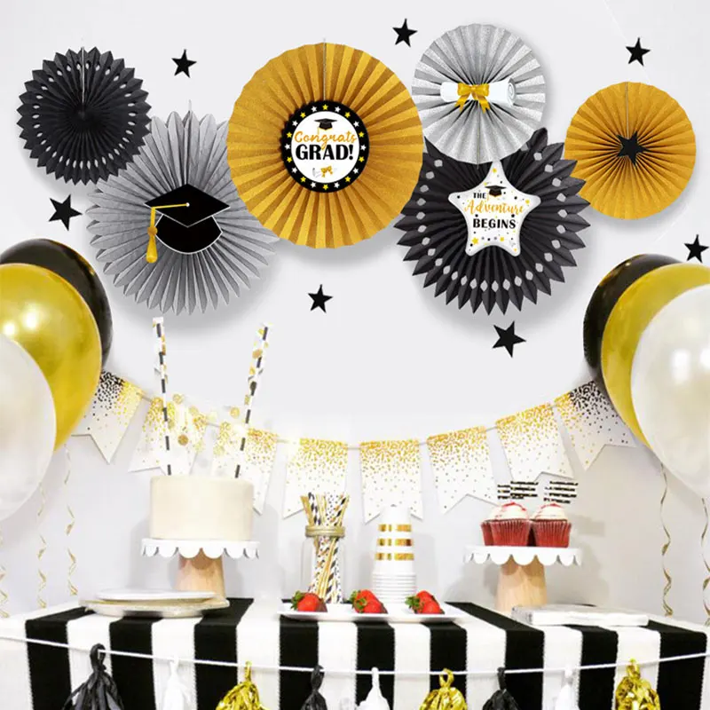Party Graduation Decoration Photobooth Props Black Gold Cut-out Paper Fans Party Backdrops Grad Graduation Class Of 2020