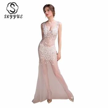

Skkyue See-Through Evening Dress Sleeveless Perspective Dresses 2020 H057 Sequin Bling Floor Length Robe De Soiree Formal Gowns
